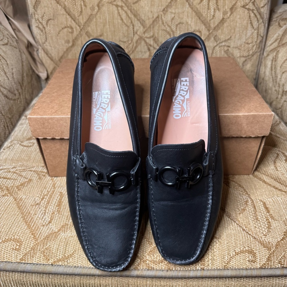 Ferragamo Salvatore Black Leather Men's 10 EEE Dress Slip-on Loafers
